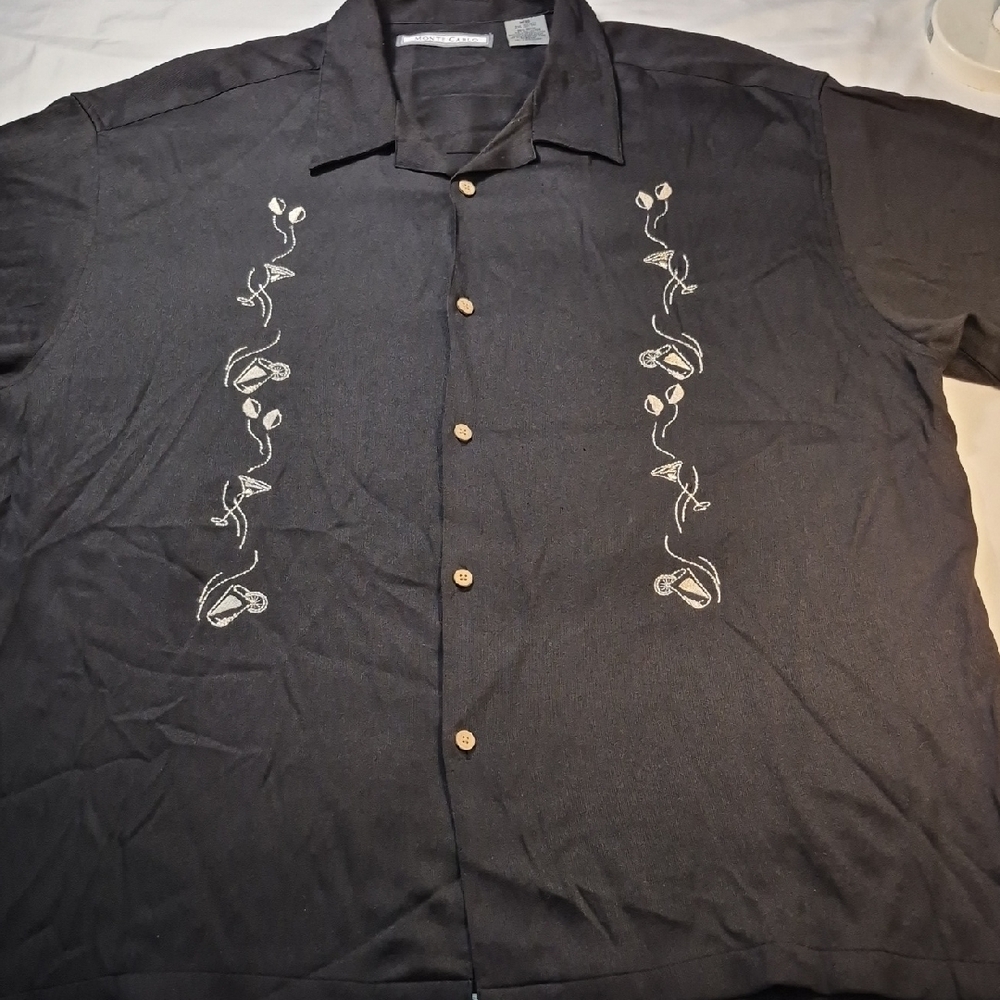 Monte Carlo Men's Black Short Sleeve Dress Shirt with Embroidered Design